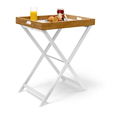 Bild av Relaxdays brickbord i bambu B x D H: ca 60 40 72 cm, sidobord med serveringsbricka som hopfällbart extra bord, vit