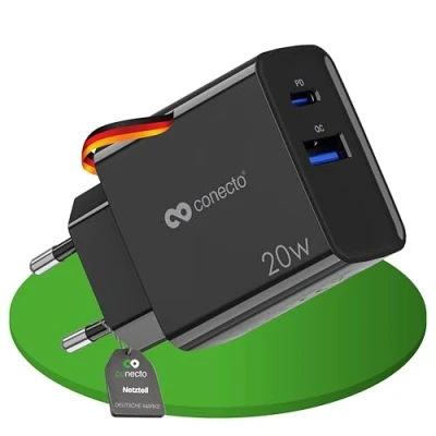 Bild av conecto USB C laddare, 2 port multi vägs adapter, strömförsörjning 20 watt snabbladdare kompatibel med Apple iPhone 15, Samsung, surfplatta, bärbar dator UVM, PD QC Charger, svart