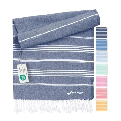 Bild av hamam handduk fouta strandhandduk XXL av 100% återvunnen bomull snabbtorkande strandlakan, fouta, turkisk peshtemal perfekt som bastuhandduk och sarong Mörkblå 100x200cm Sultan