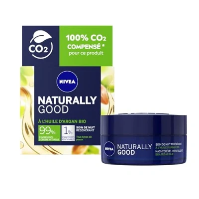 Bild av NIVEA NATURALLY GOOD regenererande nattvård 50 ml, ansiktsvård med 99% naturliga ingredienser, nattkräm ekologisk arganolja och värdefulla oljor