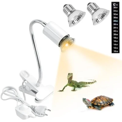 Bild av Sköldpaddavärmelampa, med 2 glödlampor (50 W UVA/UVB lampa) och termometer, E27 lampsockel, 360 vridbar klämma, justerbar, reptil amfibielampa, för sköldpadda, orm, ödla (vit)