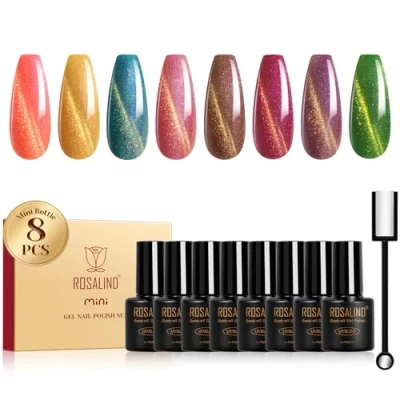 Bild av Rosealind UV nagellack, kattögon, 8 färger, rosa, guld, blå, lila, brun, regnbåge, magnetiska kristaller, gel, kattöga, blötläggning, minigel, nagelpolish, guldtråd för nagelkonst, manikyr