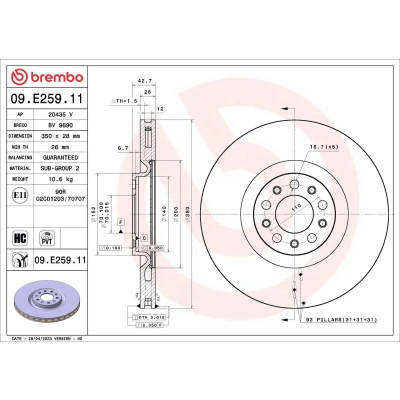 Bild av BREMBO Bromsskiva 350mm 28mm 5 ventilerad invändigt belagd 09.E259.11 Bromsskivor