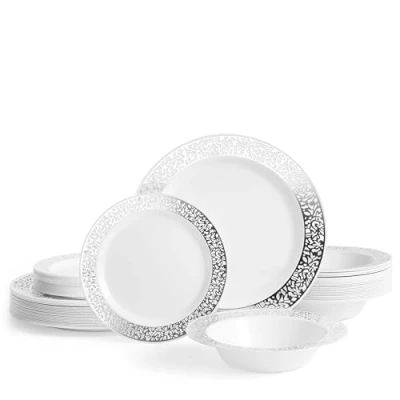 Bild av MATANA 75 st vit bordsservis i plast med silverkant 25 middagstallrikar, sidotallrikar, skålar elegant och återanvändbar servis för fester, bröllop, födelsedag, picknick