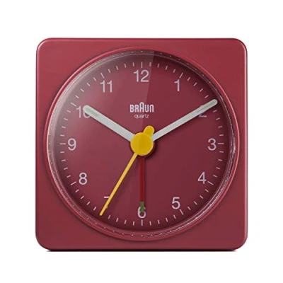 Bild av Braun Classic Travel Analogue Alarm Clock, Compact Size, Quiet Quartz Movement, Crescendo Beep in Red, model BC02R.