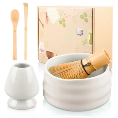 Bild av 5 delat matcha kvastset, teset, set, visp set innehåller visp, skål, 2 skedar, kvasthållare, manuellt för teälskare (vit)