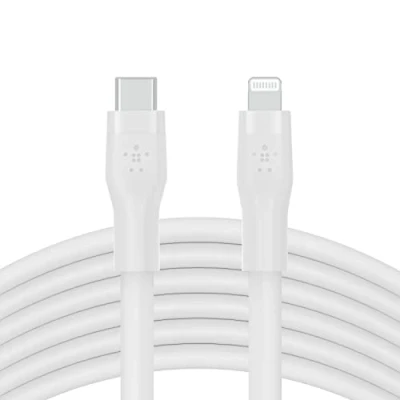 Bild av Belkin BoostCharge Flex silikon USB typ C till Lightning kabel (3 m/10 fot), MFi certifierad 20 W snabbladdning PD strömförsörjning för iPhone 14, 13, 12, 11, Pro, Max, Mini, SE, iPad och mer vit