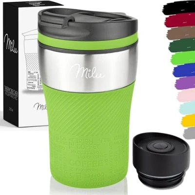 Bild av Milu thermo mugg isolerad kaffe to go 210 ml 100% läckagesäker drickmugg i rostfritt stål bilmugg dubbelväggig isolering termisk resemugg (grön)