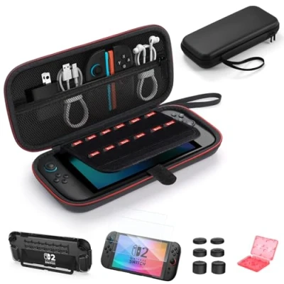 Bild av ByDiffer Bärväska för Nintendo Switch 2 Tillbehör Kit 14 i 1 med Skärmskydd, PC Konsoler Skydd Fodral, 6 Joystick Mössa, Spelkortfall, Bärväska, Svart
