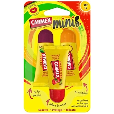Bild av Carmex Läppbalsam SPF 15, Triplo Minis (körsbär, ananas och jordgubb) 5gx3. De fuktar, skyddar, reparerar, lugnar mjukar läpparna.