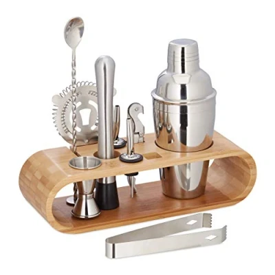 Bild av Relaxdays Bartender kit i 9 delar, shaker, mätkopp, muddler, istång, droppkorkar, hållare, bartillbehör, rostfritt