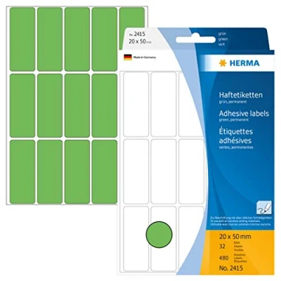 Bild av HERMA 2415 multifunktionsetiketter små (20 x 50 mm, 32 ark, papper, matt) självhäftande, permanenta hushållsetiketter för handskriven märkning, 480 klistermärken, grön
