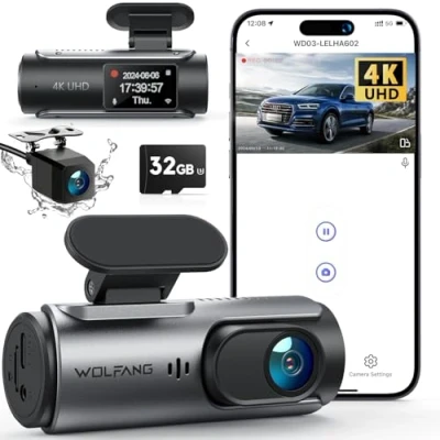 Bild av 4K/2.5K Dash Cam Fram och Bak, WOLFANG Dashcam WiFi, Night Vision, WDR, 24H Parkeringsläge, 170 vidvinkel, G Sensor, Rörelsedetektering, Loop inspelning
