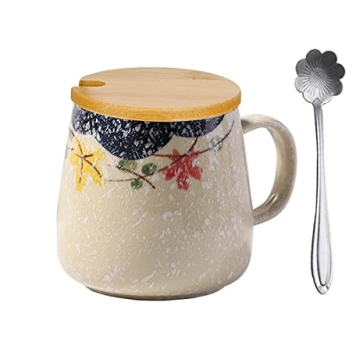 Bild av TuYines mugg keramisk mjölkkopp med lock och sked, kaffekopp lock, cappuccino kopp stengods 400 ml, japansk handmålad vattenkopp glasyr stor frukostkopp