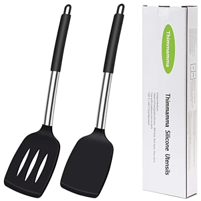 Bild av Stekspade silikon, värmebeständig silikon slitsad spatel köksredskap BPA fri, diskmaskinssäker, svart kökshjälpmedel, köksutrustning, torktumlare, non stick för matlagning