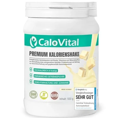 Bild av Högkaloriskt drickfoder för viktökning Kolhydrater och protein som kalorishake Högdoserad med många vitaminer CaloVital Premiumkvalitet från Tyskland (vit choklad 500g)