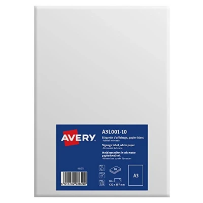 Bild av Avery A3 hållbara utskrivbara skyltar/A3 skylt, matt vit, 297 x 420 mm, förpackning med 10