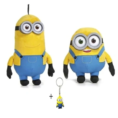 Bild av Play by Minions Rise of Gru plyschdjur, premium, gosedjur, nytt urval, Bob, Otto, Kevin, Stuart, Dave med PVC ögon, originell licens (Bob + Kevin+ 3D nyckelring 3 pack)
