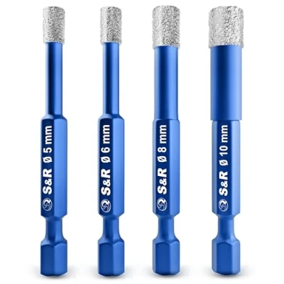 Bild av S&amp;R Diamantborr, kakelborr, glasborr set med 4 delar, 5, 6, 8, 10 mm, sexkantsfäste, för keramik, granit, glas, porslin, kakel, glaserat murverk, marmor, i stabil förvaring.