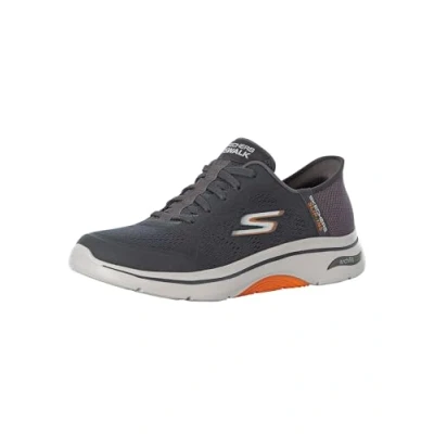 Bild av Skechers Herr handsfree Slip ins GO Walk Arch FIT 2.0 Simplicity 2 sneakers, kol och orange textil/syntetisk, 6.5 UK, Träkol textil syntetisk, 40 EU