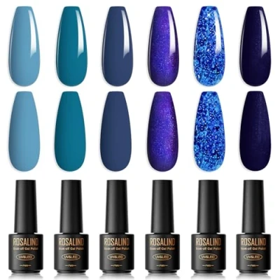 Bild av ROSALIND UV nagellack Blå, 6 färger Mini unkelblau Glitter Navy Sky Blue Ocean Cobalt Sparkle Diamonds Summer Spring Gel Nails Shellac Soak Off LED Polish Nail
