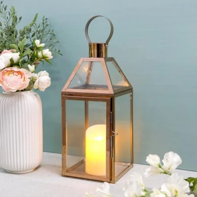 Bild av JHY Design Ljuslykta i rostfritt stål, 34 cm hög hängande lykta glaslyktor balkongtillbehör för ljus inomhus utomhusfester bröllopspresent trädgård hall uteplats vardagsrum (roséguld)