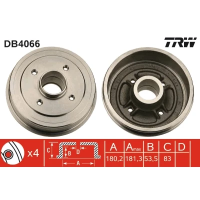 Bild av TRW DB4066 Tambours De Frein 191 RENAULT: Super 5 3/5 portes, CLIO 1, TWINGO 1