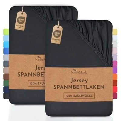 Bild av NatureMark 2 pack dra på lakan i jersey, formsydda lakan, 100% bomull, finns många storlekar och färger. Märkeskvalitet Oeko Tex Standard 100 180 x 200 cm svart