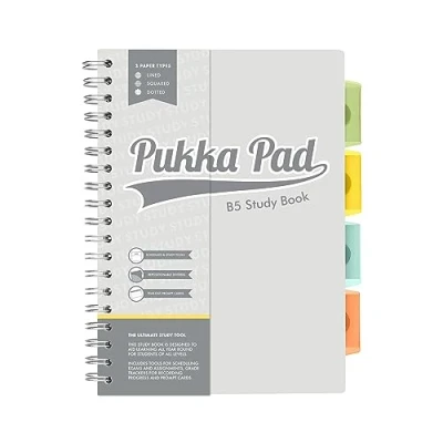 Bild av Pukka Pad, B5 studiebok 120 sidor, 60 ark anteckningsbok omplacerbara avdelare, linjerat, fyrkantigt och prickat papper, scheman, tilldelning betygsmätare, examensförp revisionskort,