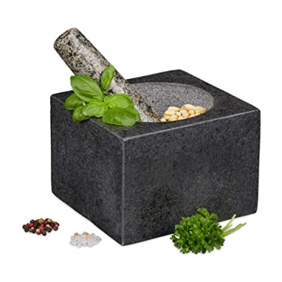 Bild av Relaxdays Mortel med mortel, granit, polerad, för kryddor och örter, 500 ml, stenmortel B x D: 14,5 cm, mörkgrå