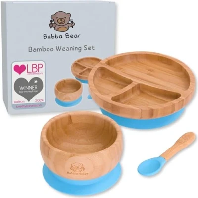 Bild av Bubba Bear ® Baby bambu sugskål, tallrik och sked set Stanna kvar småbarn LED matskålar tallrikar Guide till avvänjning e bok