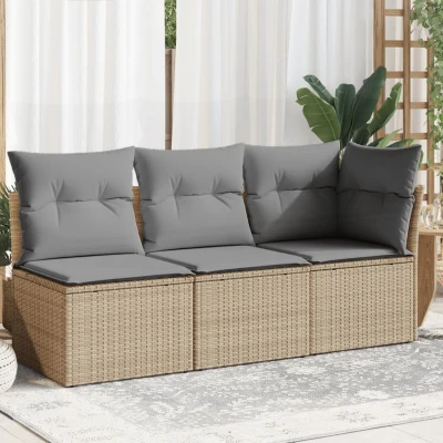 Bild av vidaXL Trädgårdssoffa 3 sits med dynor konstrotting beige, utesoffa, trädgårdssäng, tresitsig trädgårdssoffa, trädgårdssittplatser