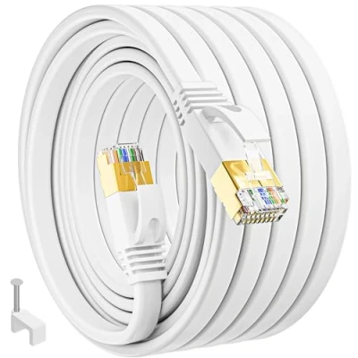 Bild av Nätverkskabel 30m Utomhus Cat7 Slim Platt Vit Ethernet Cable Extremt Långa Patchkabel Rj45 Hög Hastighet Skyddad Internetkabel 10Gbps 600MHz Lan Kabel 30 Meter