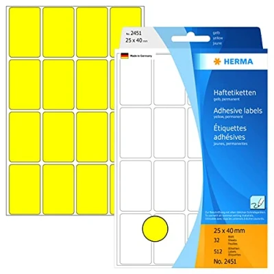 Bild av HERMA 2451 multifunktionsetiketter små (25 x 40 mm, 32 ark, papper, matt) självhäftande, permanenta hushållsetiketter för handskriven märkning, 512 klistermärken, gul