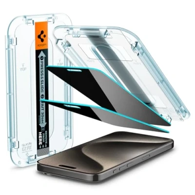 Bild av Spigen Glas.tR EZ Fit Skärmskydd kompatibel med iPhone 15 Pro Max, 2 Stycken, Anti Spy, Reptålig, Case friendly, 9H härdat glas