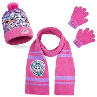 Bild av L.O.L. Surprise! Hatt Halsduk och handskar Set Warm Bobble Hat Stickad Scarf Vinterhandskar Vintertillbehör Presenter till tjejer
