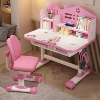 Bild av Barnens bordsstolset, barnskrivbord, höjdjusterbar, skrivbord barn flickor och pojkar, karikatyr barnskrivbord med stol låda (rosa