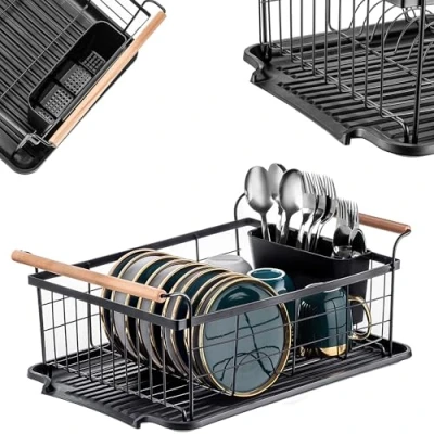 Bild av KADAX diskställ med bestickkorg, 43,5 x 29,5 16 cm, droppställ av pulverlackerad ståltråd, droppbricka träbambuhandtag (svart)