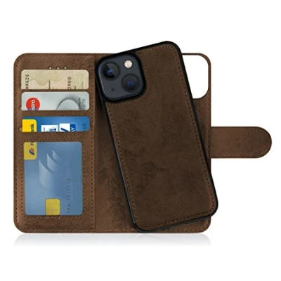 Bild av MyGadget Flip Case för iPhone 13 Mini [avtagbart magnetfodral] mobiltelefonfodral av konstläder [vikbart fodral med kortfack] skyddsfodral i brunt