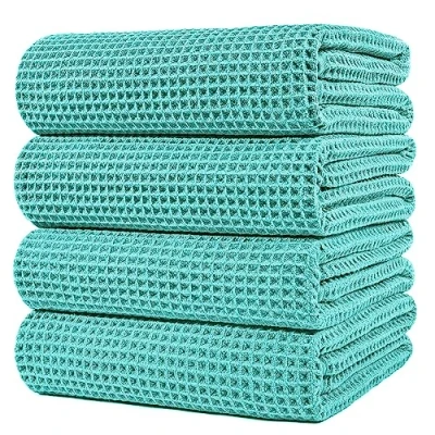 Bild av POLYTE Mikrofiber överdimensionerad snabbtorkande luddfri badhandduk, 152 x 76 cm, 4 pack (Aqua, våffelväv)