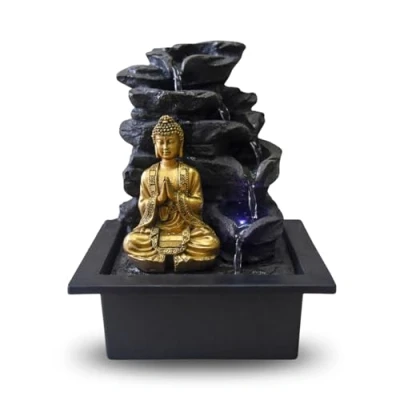 Bild av Shira Buddha fontän avtagbar LED ljus inomhusfontän gåvor dekoration kontor sovrum vardagsrum bordsfontän stängd krets brun och guld H 26 cm Zen&#039;Light