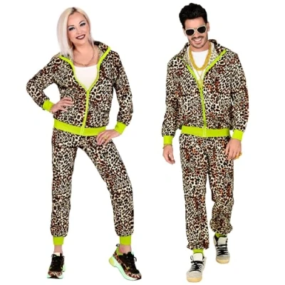 Bild av W WIDMANN MILANO Party Fashion Kostym 80 tals träningsoverall, leopard, jacka och byxor, joggingdräkt, retrostil, badknappfest, temafest, karneval