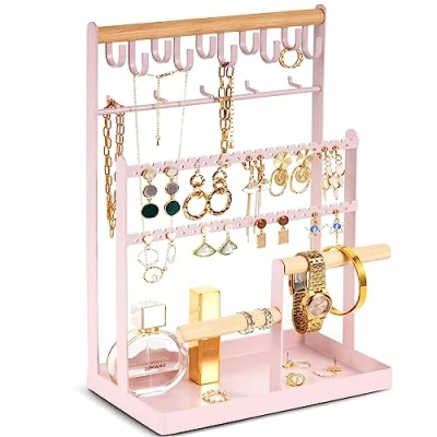 Bild av ProCase Bordssmyckehållare hängande halsbandshängare örhängen hållare 5 nivåer display med 15 krokar torn form smycken rosa