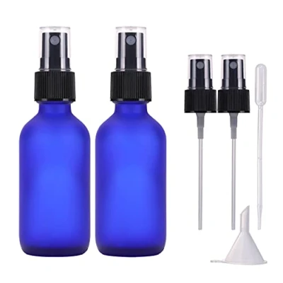 Bild av LIYUABU 60 ml sprayflaska litet glas, glasflaska blå matt, liten fin dimspridare återanvändbara resesprayflaskor för eterisk olja, hår, aromaterapi, parfym, rengöring (2 stycken)