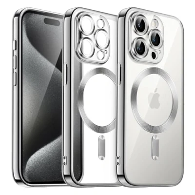 Bild av JETech Mjuk Klar Skal för iPhone 15 Pro 6,1 Tum, Kameralinsskydd Full Skydd, Kompatibel med MagSafe Trådlös Laddning, Stötsäker Elektropläterad TPU Telefon Case (Silver)