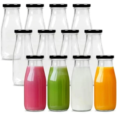 Bild av Belle Vous Återanvändbara Mjölkflaskor med Metallskruvkorkar (12 Pack) 300 ml Gammeldags Mjölk Dricksflaska Retro Fest Dryckvara för Smoothies Utmärkt Grillningar, Bröllop och Fester