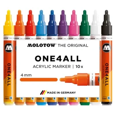 Bild av Molotow One4All 227HS akrylmärkpenna, Basic set 1 (4,0 mm linjetjocklek, hög täckning och permanent, UV beständig, för nästan alla ytor) 10 stycken sorterade