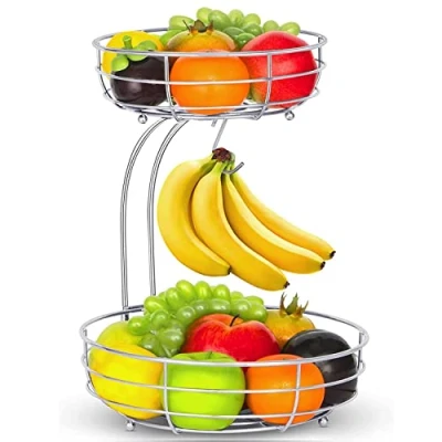 Bild av Fruktkorg i 2 våningar med bananhållare, stående dagligt kök, modern fruktskål, praktisk grönsakskorg av metall, silver