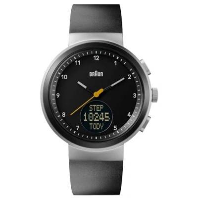 Bild av Braun analog kvartsklocka med digital display kalender och stegräkning, svart urtavla silikongummirem, 45 mm rostfritt stålfodral, modell BN0299NBKBKG, Svart, Modern