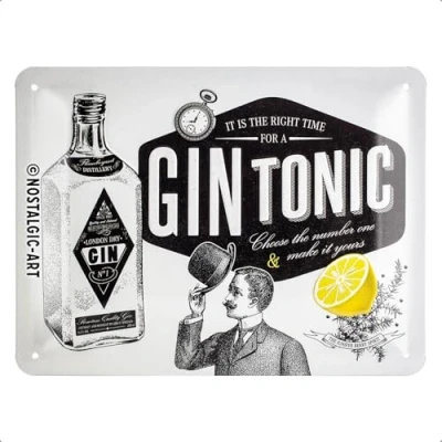 Bild av Nostalgic Art Plåtskylt i retrostil, Gin Tonic Presentidé för cocktailälskare, av metall, Deko vintagedesign, 15 x 20 cm